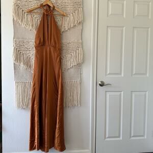 Something Navy Orange Halter Cutout Gown